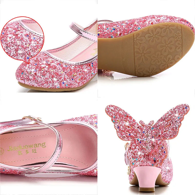 

1Pair 3CM High Heels Girl Leather Shoes Crystals Shoes with Butterfly Fashion Kid's Shoes Sequins Decoration