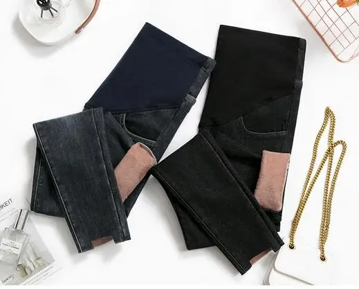 

Теплые джинсы штаны для беременных Брюки для беременных узкие модные зимние плотные флисовые джинсы для беременных эластичные джинсовые б...