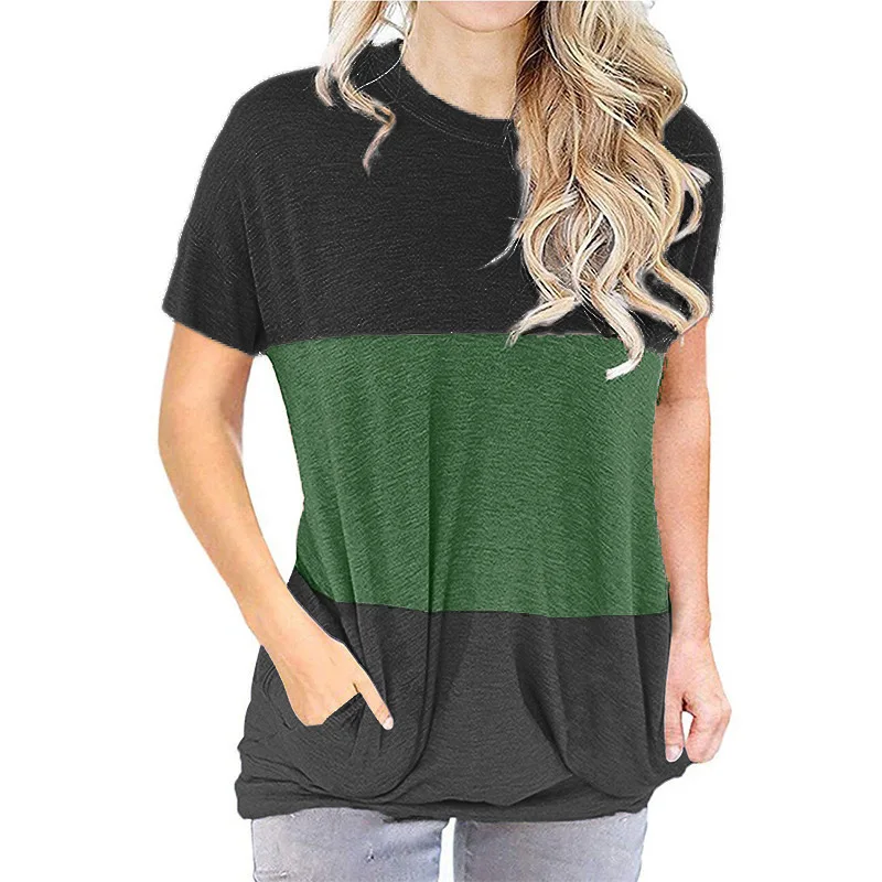 

Women Fashion Color Block Short Sleeve Round Neck Pocket Patchwork Female Summer Casual Looose T-shirt Tops