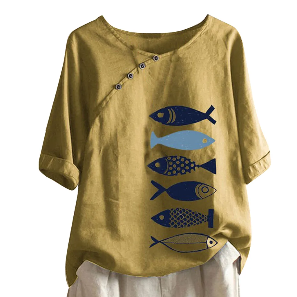 Женская футболка с круглым вырезом и принтом рыбы Повседневная Свободная