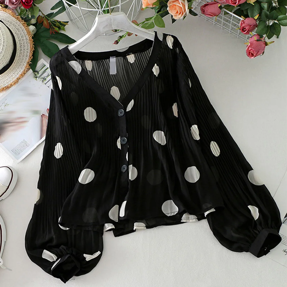 

Japan Style Korean Fashion Blouse 2021 Spring Summer Loose Casual Temperament Chiffon Wave Point Puff Sleeve Sun Protection