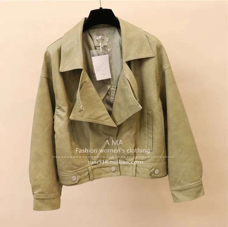 

LXUNYI 2021 Spring Autumn New Vintage Loose PU Leather Women Jacket Long Sleeve Short Slim Casual Leather Coat Woman Fashion