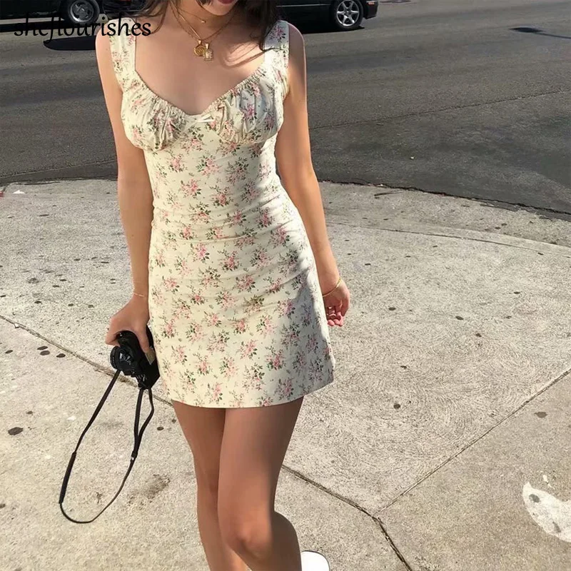 

Summer floral dress women vintage mini dresses casual short dress sleeveless tank dress square neck bow tie dresses beige 2021