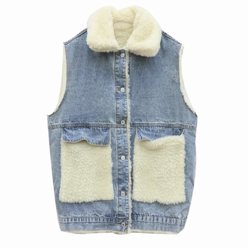 

Warm Vest jacket Oversize loose thickened jeans sleeveless coat women Korean preppy style Fashion big pocket winter clothes 2020