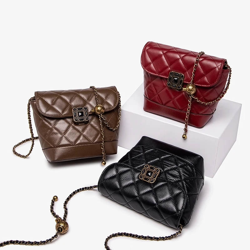 

Women's Diamond Bag Fashion New Genuine Leather Cowhid Ladies Designer Handbags Large Capacity Chain Bags Shoulder Messenger
