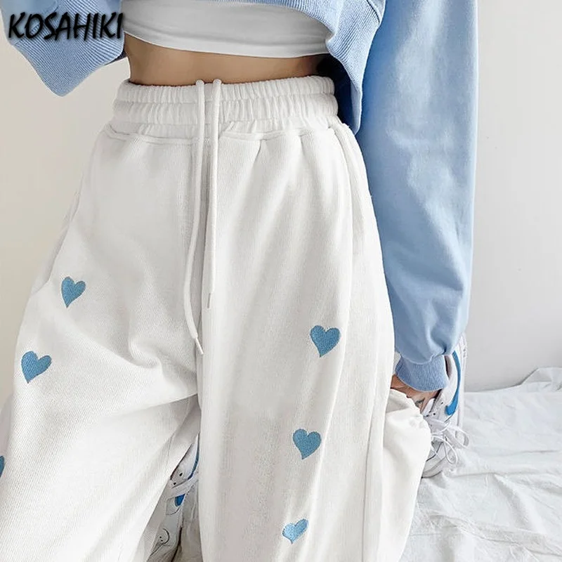 

KOSAHIKI Heart Embroidery Pants Womens High Waist Solid Harem All-match Korean Style Sweatpants Harajuku Female Trousers