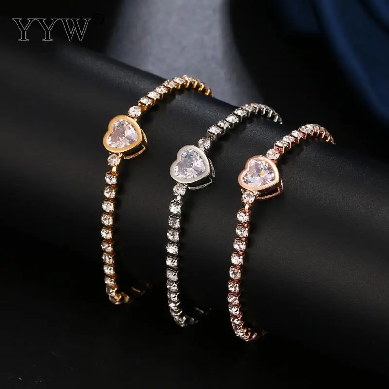 

New Fashion Rose Gold Heart Zircon Bracelet For Women Adjustable Zinc Alloy Bracelets Simple Rhinestone Ladies Bracelet Jewelry
