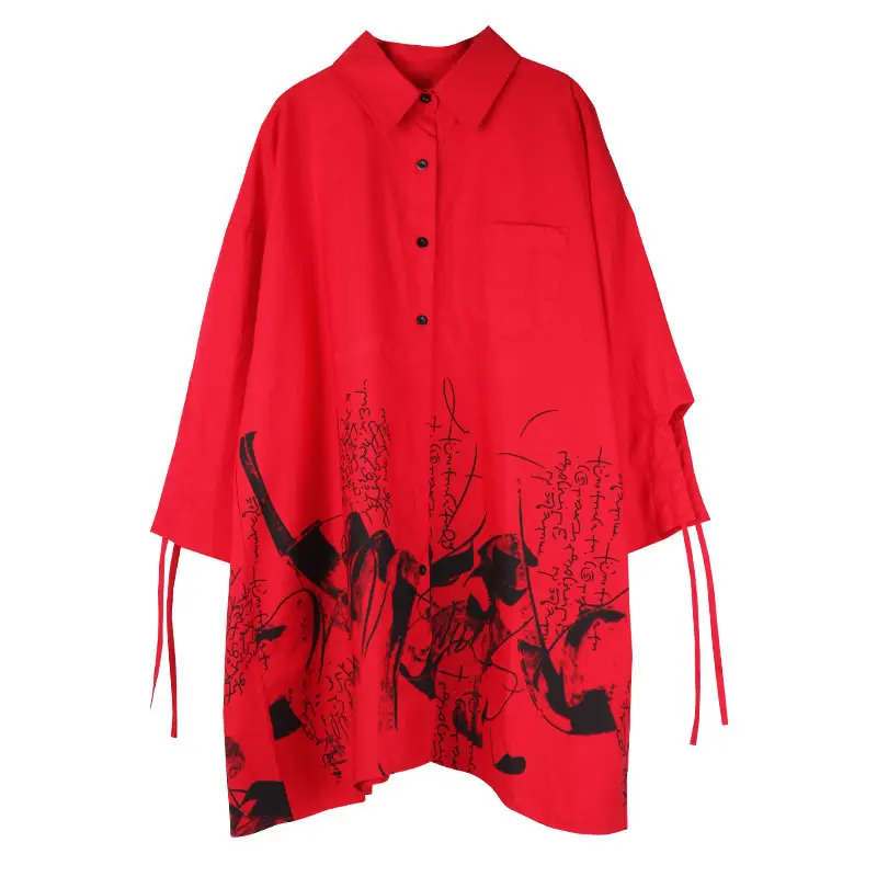 

XITAO Print Casual Drawstring Shirt Women Fashion New Style Turn Down Collar Three Quarter Sleeve Elegant Single Breasted ZY4324