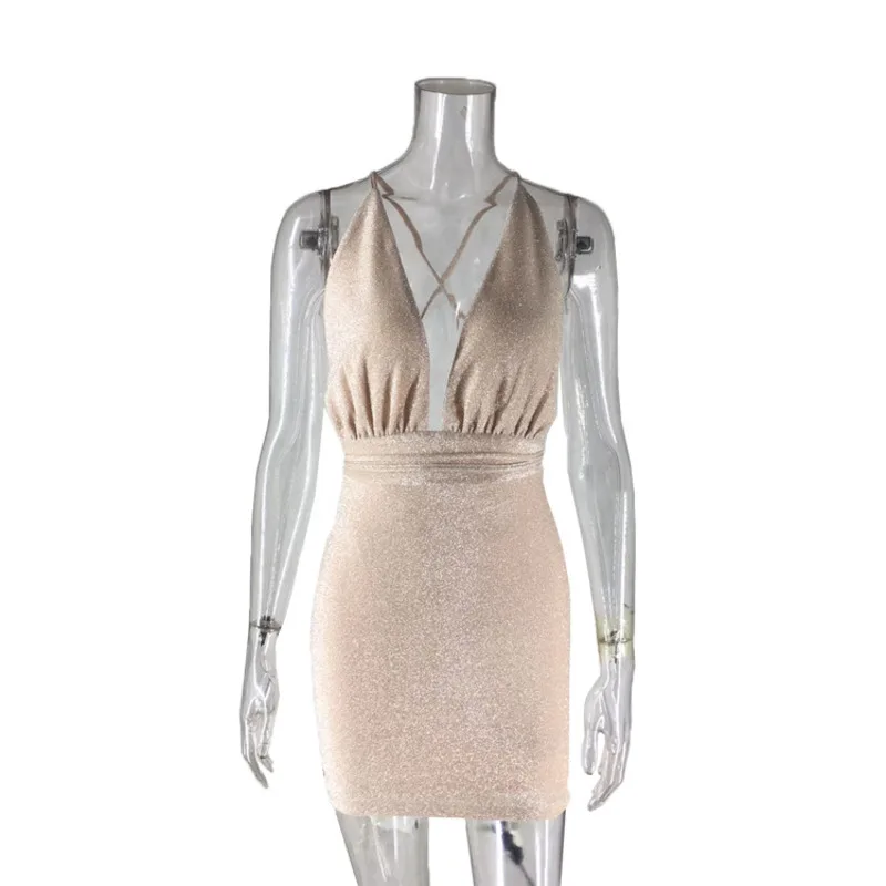 

Sexy Backless Glitter Dress Women Deep V Neck Sleeveless Spaghetti Strap Dress Bling Slim Summer Bodycon Night Clubwear Ladies