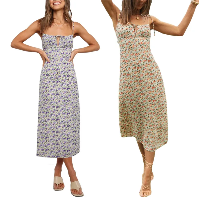 

New Women Sexy Floral Printed Suspender Dress Square Neck Tie Up Back Split Midi Dresses Summer Slim Sleveless Mid-long Dress