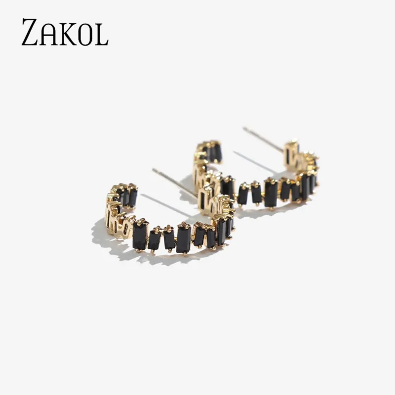 ZAKOL трендовые черные багет кубического циркония T камень серьги гвоздики для