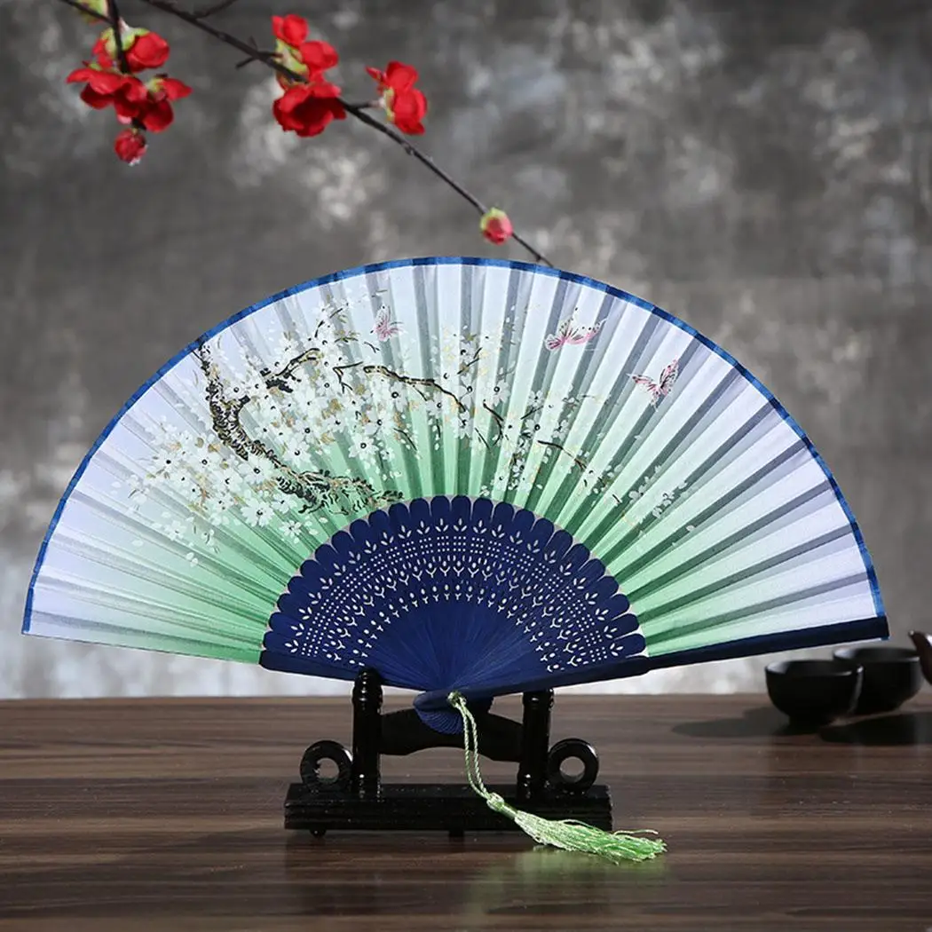 Женский японский стиль цветок сливы Вишневый принт бабочка бамбук складной