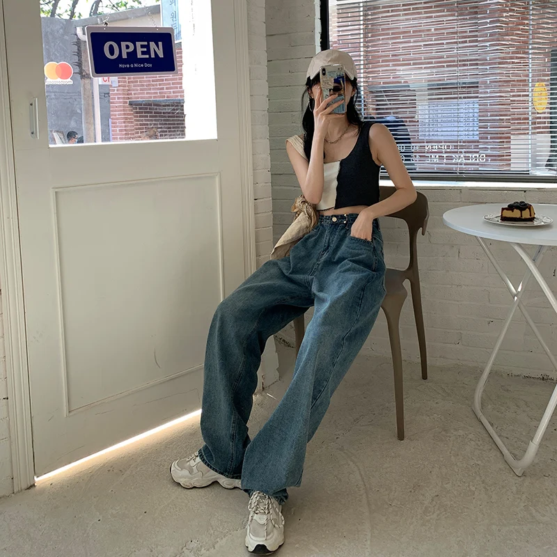 

2021 New High-Waist Super A Denim Pleated Mopping Trousers BF Wind Old Pants Wide-Leg Straight-Leg Pants Loose Women