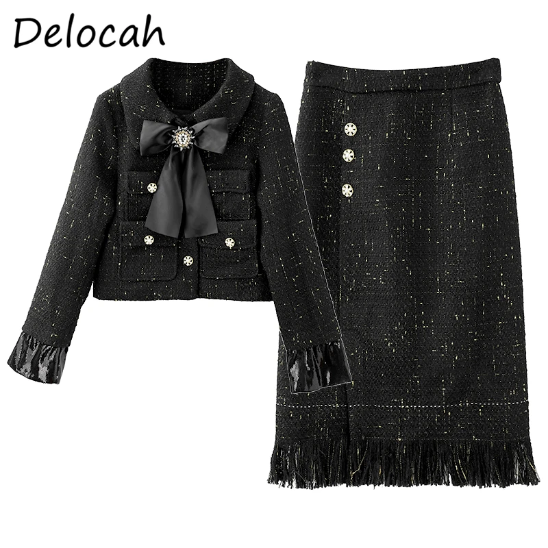 

Delocah Women Summer Fashion DesignerSkirts Set Bow Crystal Bodycon Blouses + High Waist Midi Skirts 2 TwoPiecesSuits 2021