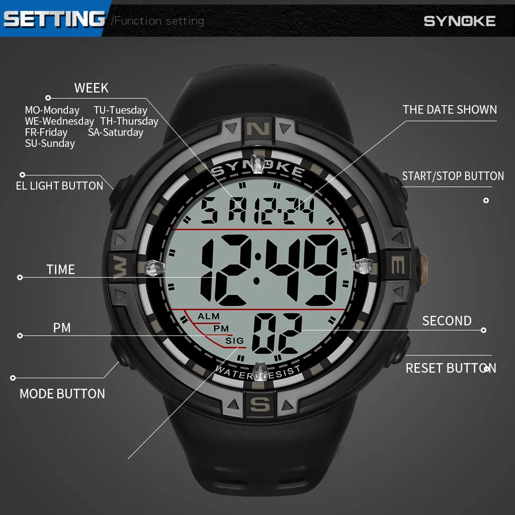 Часы наручные SYNOKE Мужские Цифровые спортивные светящиеся водонепроницаемые