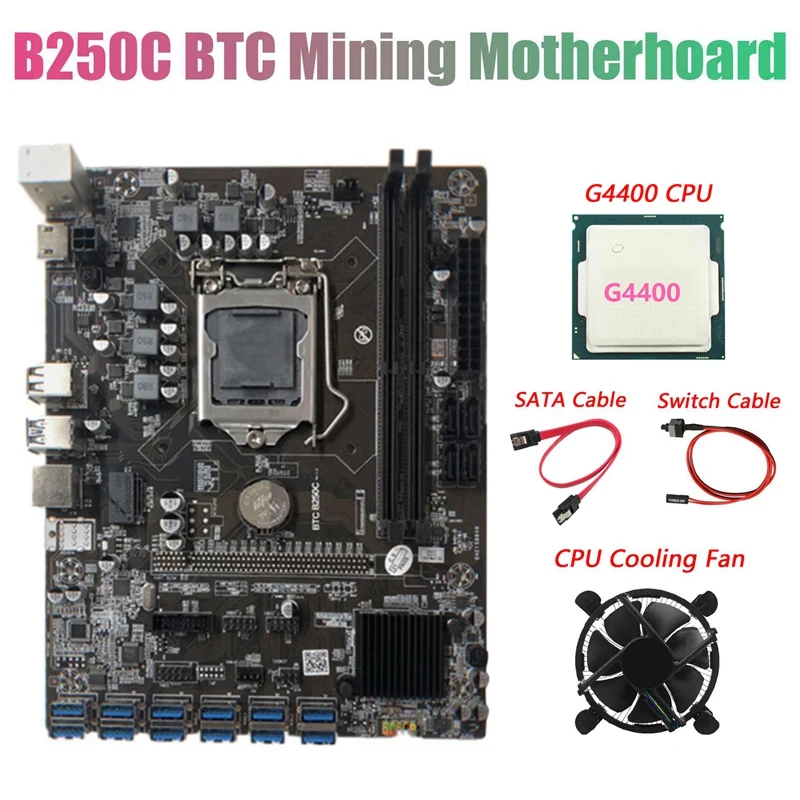 

Материнская плата B250C для майнинга BTC + процессор G4400 + вентилятор + кабель SATA + переходник с 12xpcie на USB3.0 GPU, слот для карты LGA1151, поддерживает DDR4