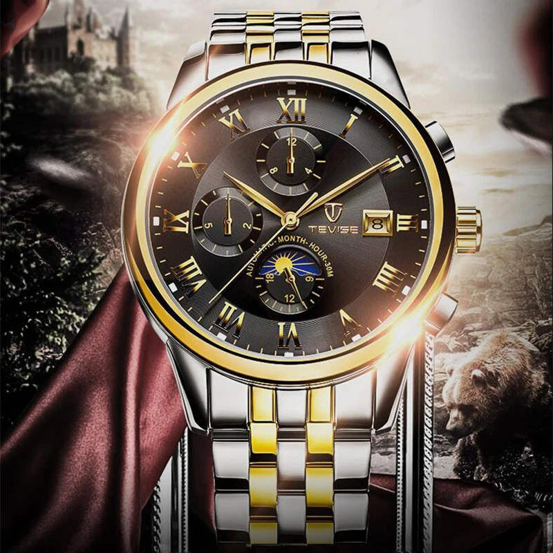 

Luxury Waterproof Automatic Men Mechanical Watch Auto Date Full Steel Business Top Brand Man Moon Phase Watches Water Resistant