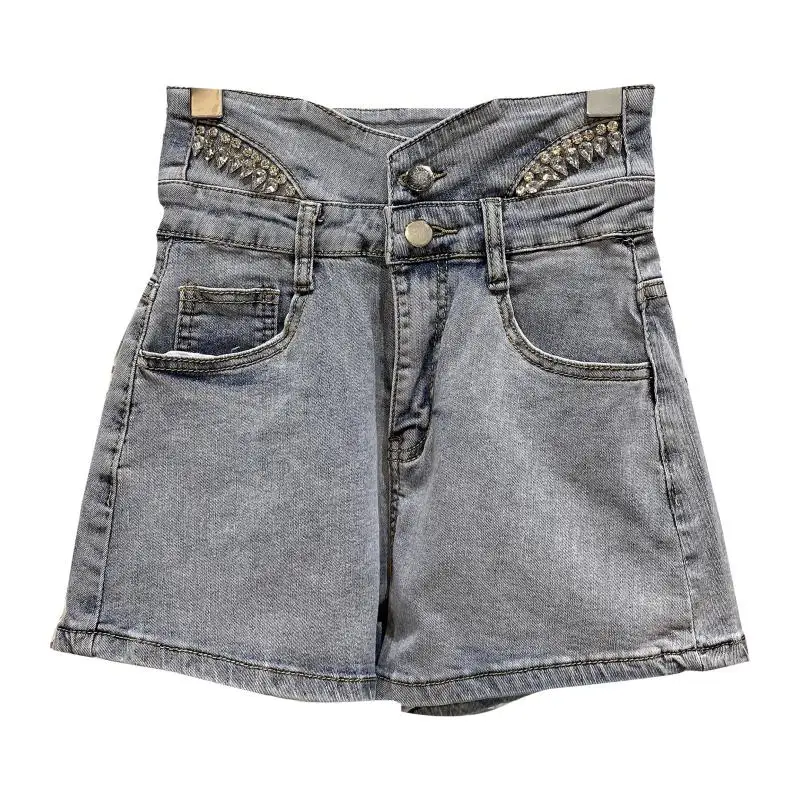 

2021 Summer Denim Shorts Diamond Waist Nail Bead High Waist Wash Denim Shorts