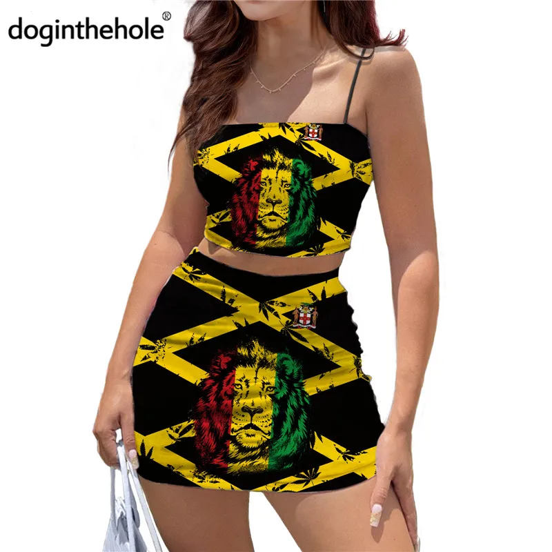 

Doginthehole Jamaica Flag Lion Pattern Spaghetti Strap Crop Top and Mini Skirt Bodycon Halter Girls 2 Piece Set Sexy Party Suits
