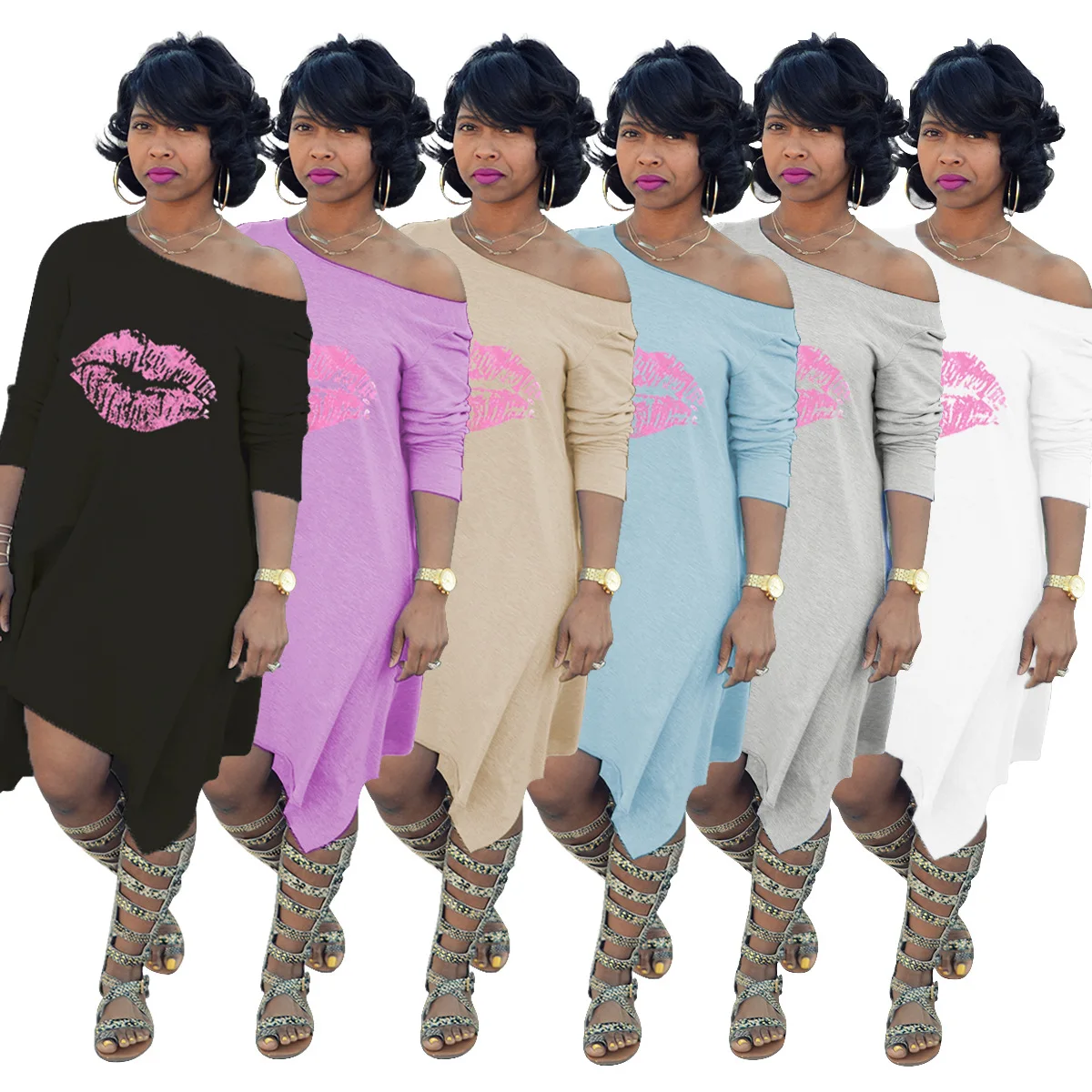 

S-XXXL Women Off Shoulder Lips Print Slim Sweatshirt Casual Pullover Dress