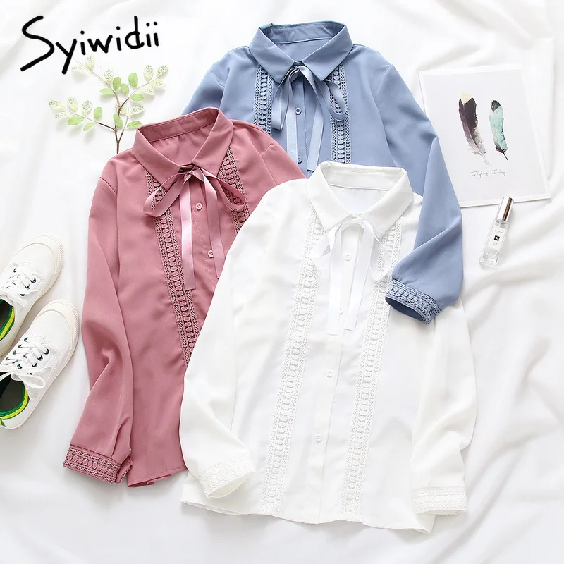 Кружевная открытая шифоновая модная женская блузка с отложным воротником и