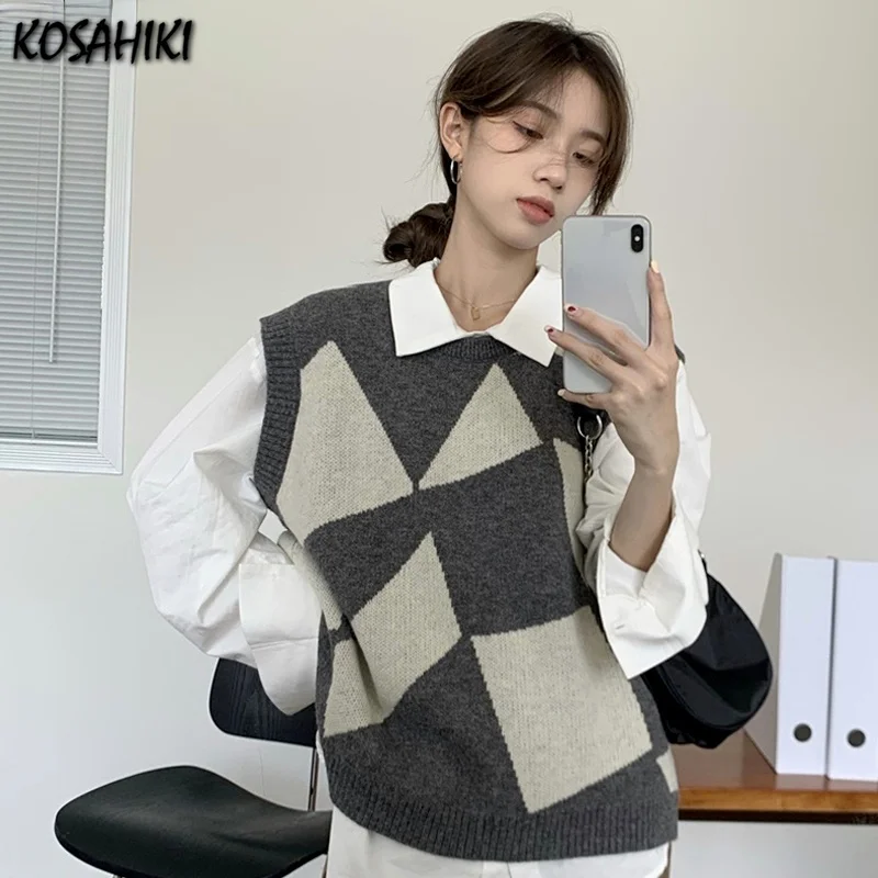 

KOSAHIKI Geometry Knitted Vest Women Autumn O-neck Sleeveless Waistcoat 2021 Korean Loose Outwear Fashion Sweater Vests