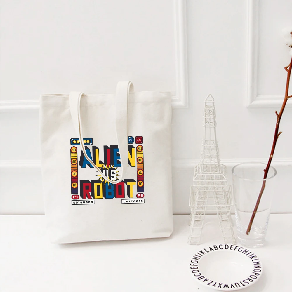 С принтом в виде букв для холст тотализатор сумка женщин ткань белого цвета с из