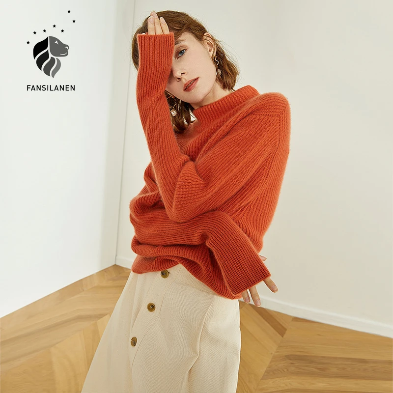 Фото Женский вязаный свитер fansilзанен оранжевый пуловер в стиле ретро с длинными