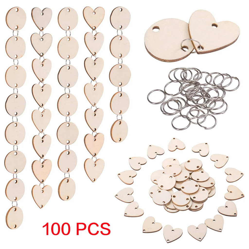 100 шт круглой формы в форме сердца кусочки дерева теги диски железные петли
