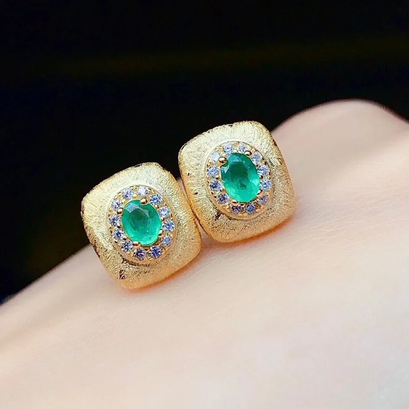 

UBESTNICE 925 Sterling Silver Vintage Gold Plated Fine Jewelry Natural Gemstone Emerald 3x4mm Square Stud Earrings for Women