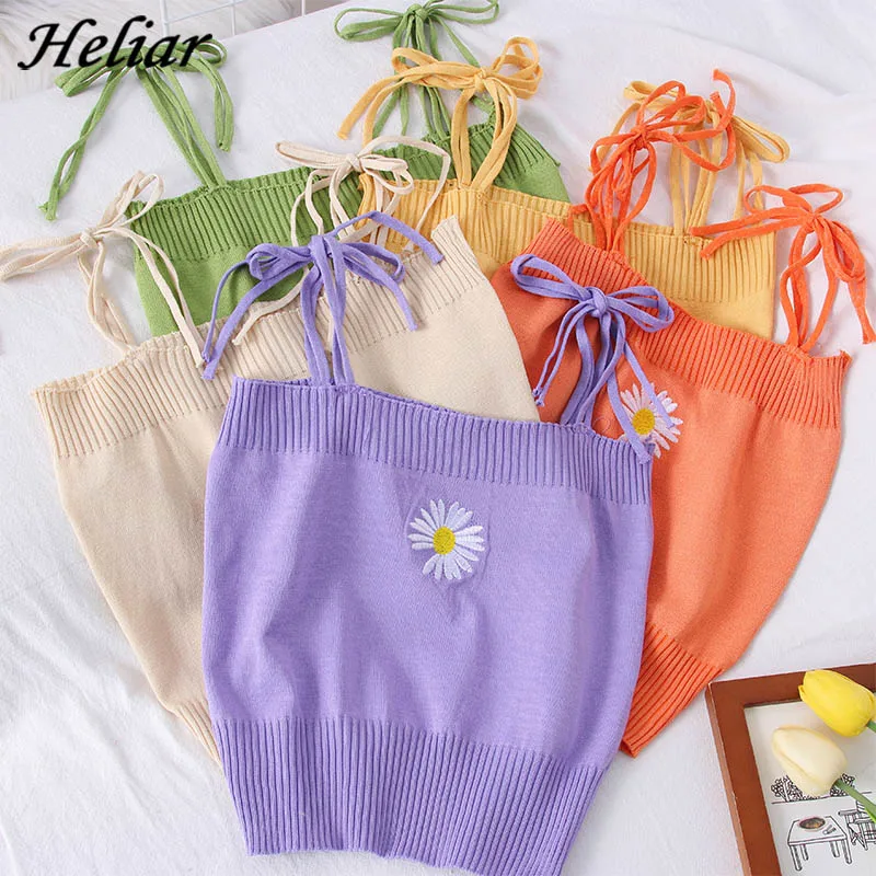 

HELIAR Women Knitted Crop Tops Flower Embroidery Girls Straps Crop Tops Women Harajuku Cute Tops For Women Summer Clothes