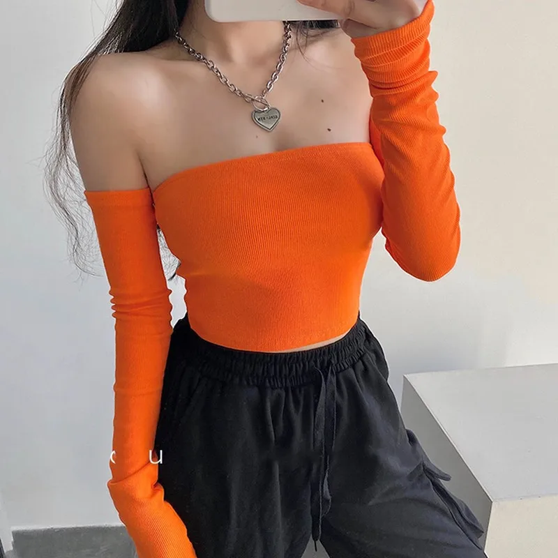 

Summer Bandeau Top Long Sleeve Y2k Trendy Ribbed Knit Strapless Sexy Crop Top Slash Neck T Shirt Tube Off The Shoulder Top