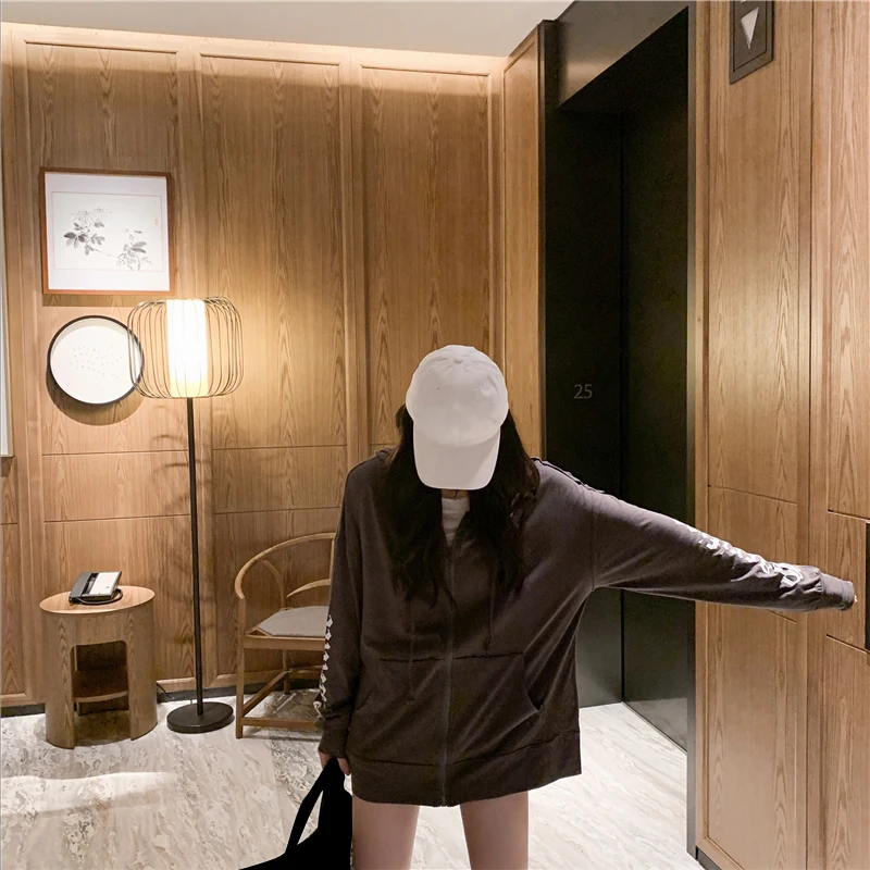 Ulzzang, уличная одежда, толстовки для женщин, осень, свободная мода, Harajuku, с буквенным принтом, с длинным рукавом, с капюшоном, тонкая куртка, топы