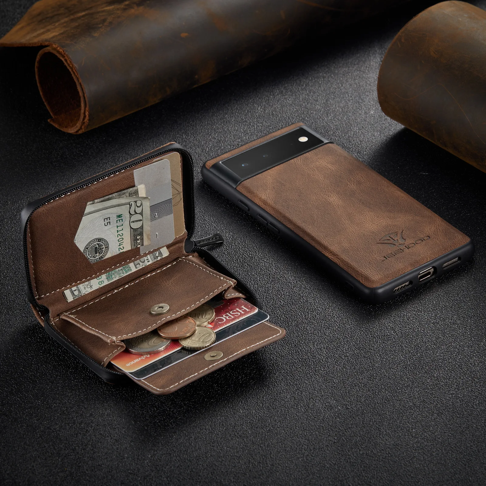 

For Google Pixel 6/6 Pro 5a retro Leather Case+Removable Zipper Wallet Card Slot Magnetic Cover