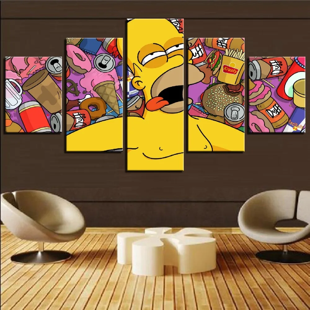 

5 Pieces Canvas Arts Painting Simpson Anime Fast Food Poster Prints Living Room Character Multi-picture Wall Picture Home Decor