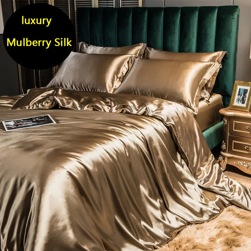 Juego de cama de lujo de seda Mulberry, S&aacute;bana bajera de alta gama, juegos de cama de sat&eacute;n de seda de 100%, suave y liso, colchas de Color s&oacute;lido-0