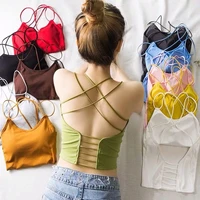 girls sexy short camis tops with seperated pads women crossed straps padding tanks crop tops for female