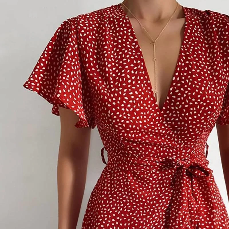 

Zoulv Butterfly Sleeve Polka Dot Floral Print V Neck High Waist Sashes Dress Vintage Female Mini Vestidos Summer Women Dress