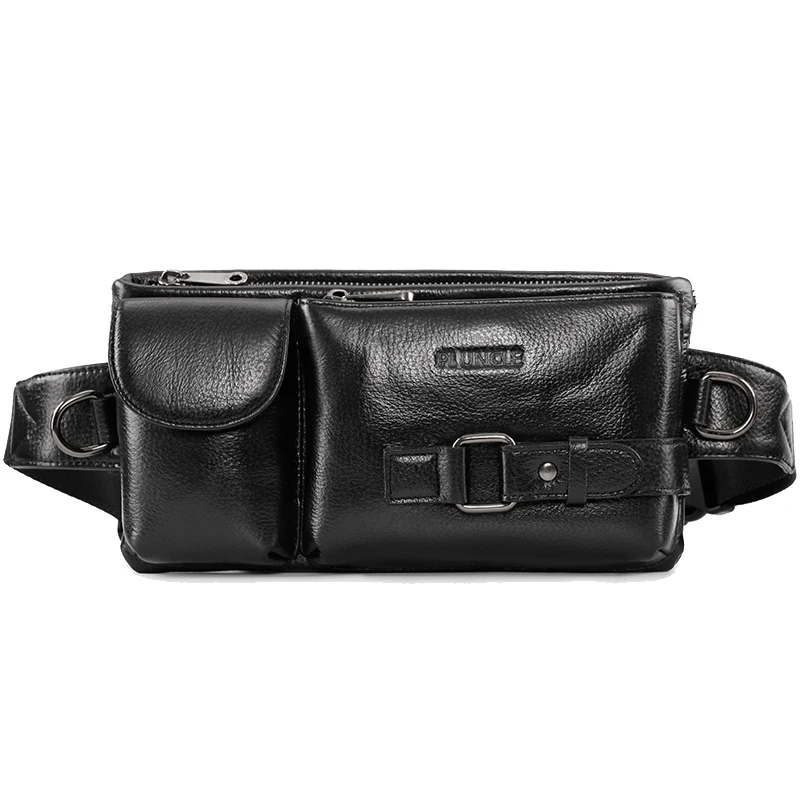 

ASDS-PI UNCLE Brand Men's Leather Waist Bag Multi-Function Shoulder Messenger Bag Chest Bag Leisure Mobile Phone ID Bag Black