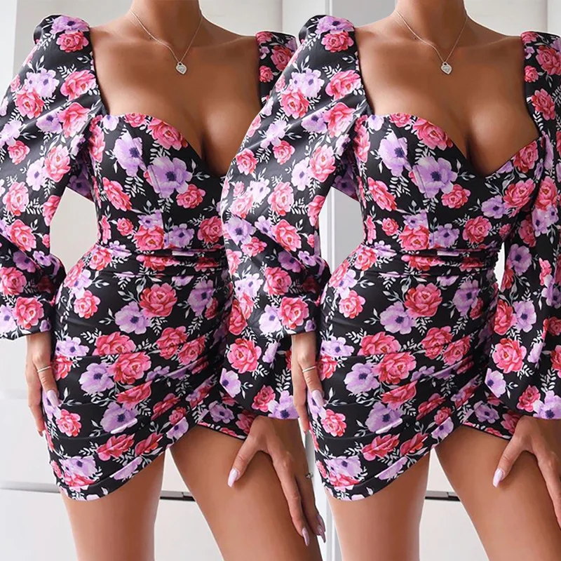 

2021 spring new hot-selling printed sexy square neck short skirt dress women's clothing