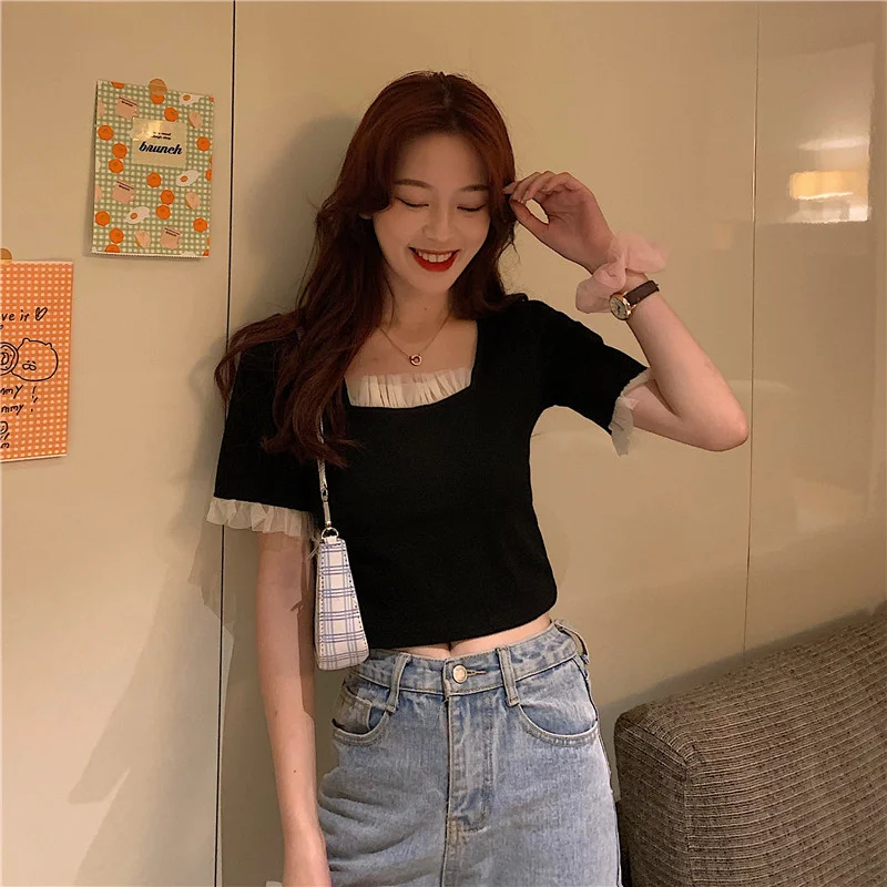 

French Square Collar Design Sense High Waist Crop Top 2021 New Temperament Black Short-Sleeved T-shirt Female Fashion Summer