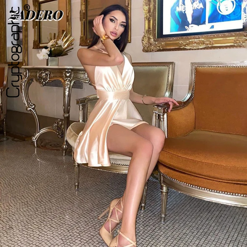 

Sexy Backless Satin Dresses Women Spaghetti Straps Party Elegant Night Club Wrap Sleeveless Bandage Mini Dress Solid Vestidos