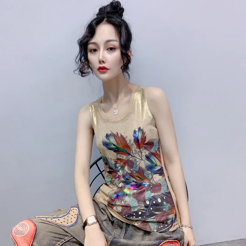 

#5347 Summer Stretch Cotton Sexy Sleeveless Top Women O Neck Casual Vintage Basic Tank Tops Femme Printed Crop Top Ladies Retro