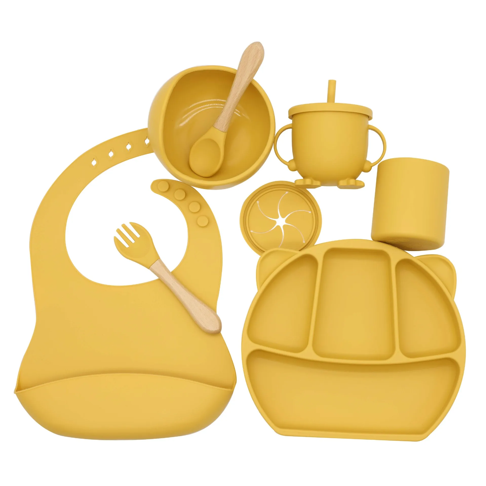 Baby Silicone Tableware Bib Dinner Plate Complementary Food Bowl Spoon Fork Snack Cup Water Cup 8 Piece Set Baby Essential посуд