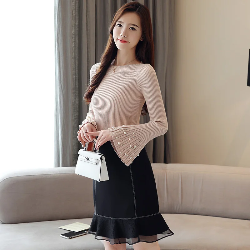 Womens Sweater 2019 Autumn Winter Tops Beading Flare Sleeve Pullover Casual Loose Knitted Office Bastic Wear | Женская одежда