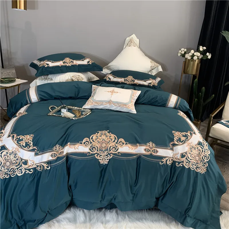 Зеленый белый роскошный золотой Королевский Комплект постельного белья с