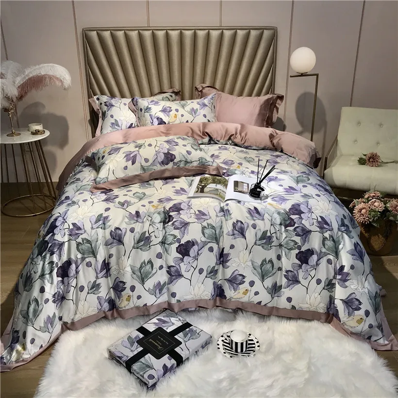 

Роскошный шелковый Комплект постельного белья Tencel, цветочные наборы пододеяльников, мягкое постельное белье, простыня, натяжная простыня, ...