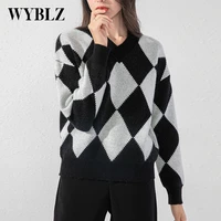 korean fashion autumn knitted sweater women elegant black white grid pullover sweaters femme casual loose long sleeve top 2021