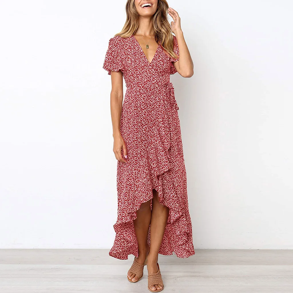 Женское длинное пляжное платье макси в стиле бохо шифоновое с цветочным принтом