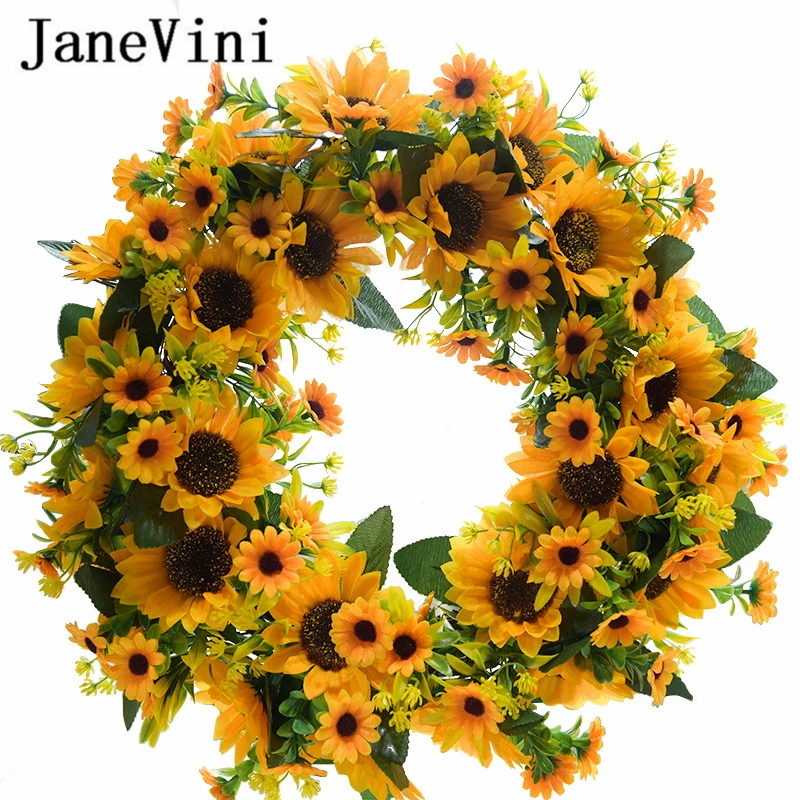 

JaneVini Vintage Yellow Bride Bouquet Artificial Sunflower Round Bridal Hand Wreaths Wedding Wall Hanging Garland DIY Decoration